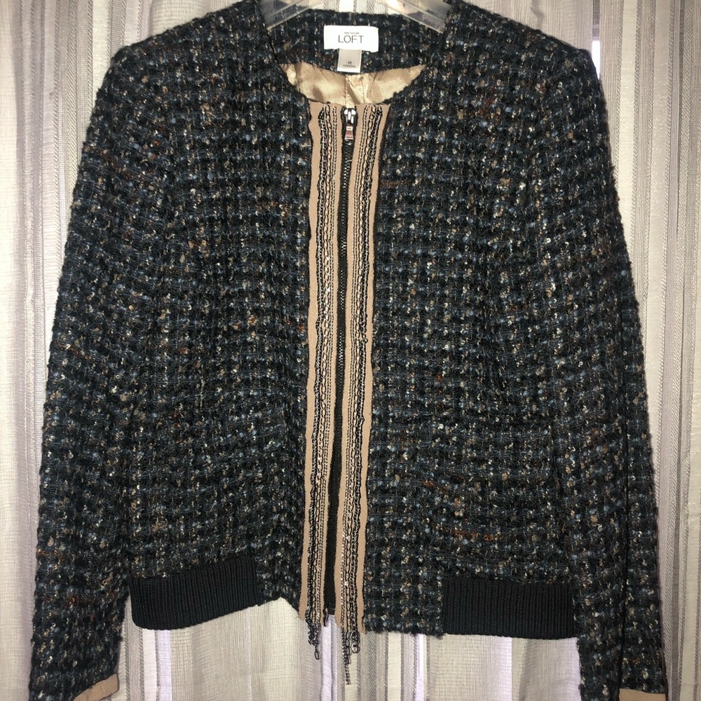 Ann Taylor LOFT Blue Tweed Jacket w/ Chain Detail